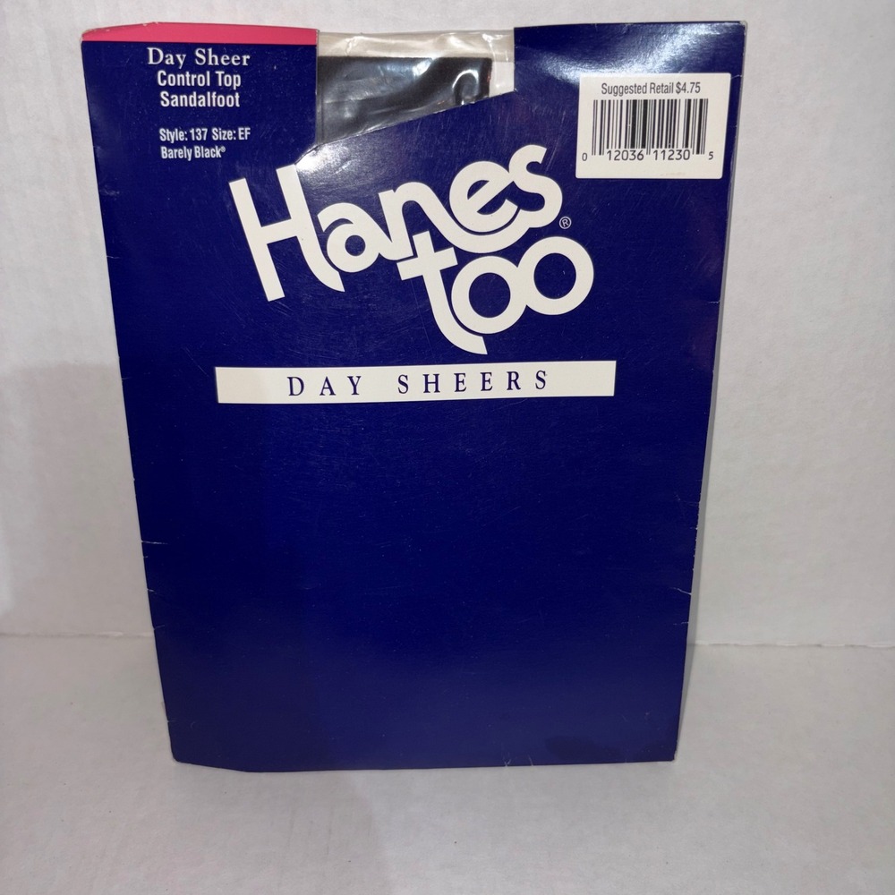 Hanes Too Day Sheer Control Top Sandalfoot Pantyhose Barely Black Size EF VTG